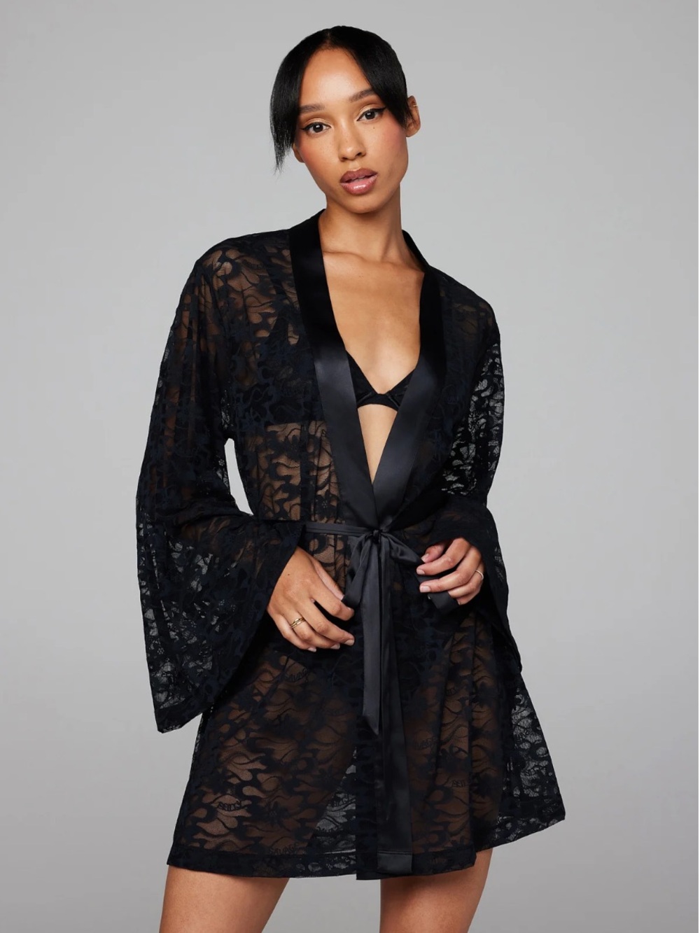 Savage X Fenty Black Sheer Lace Satin-Trim Tie-Waist Kimono